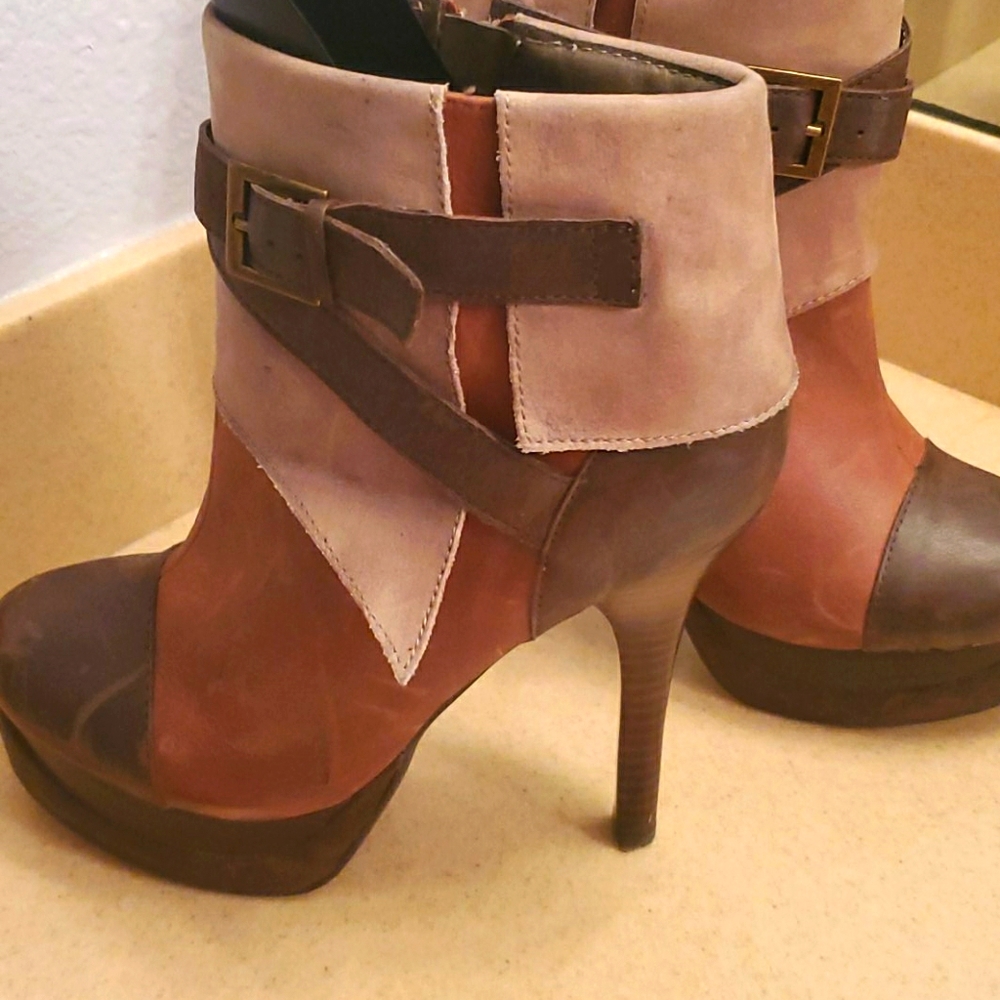 Multi color stack heeled ankle boots